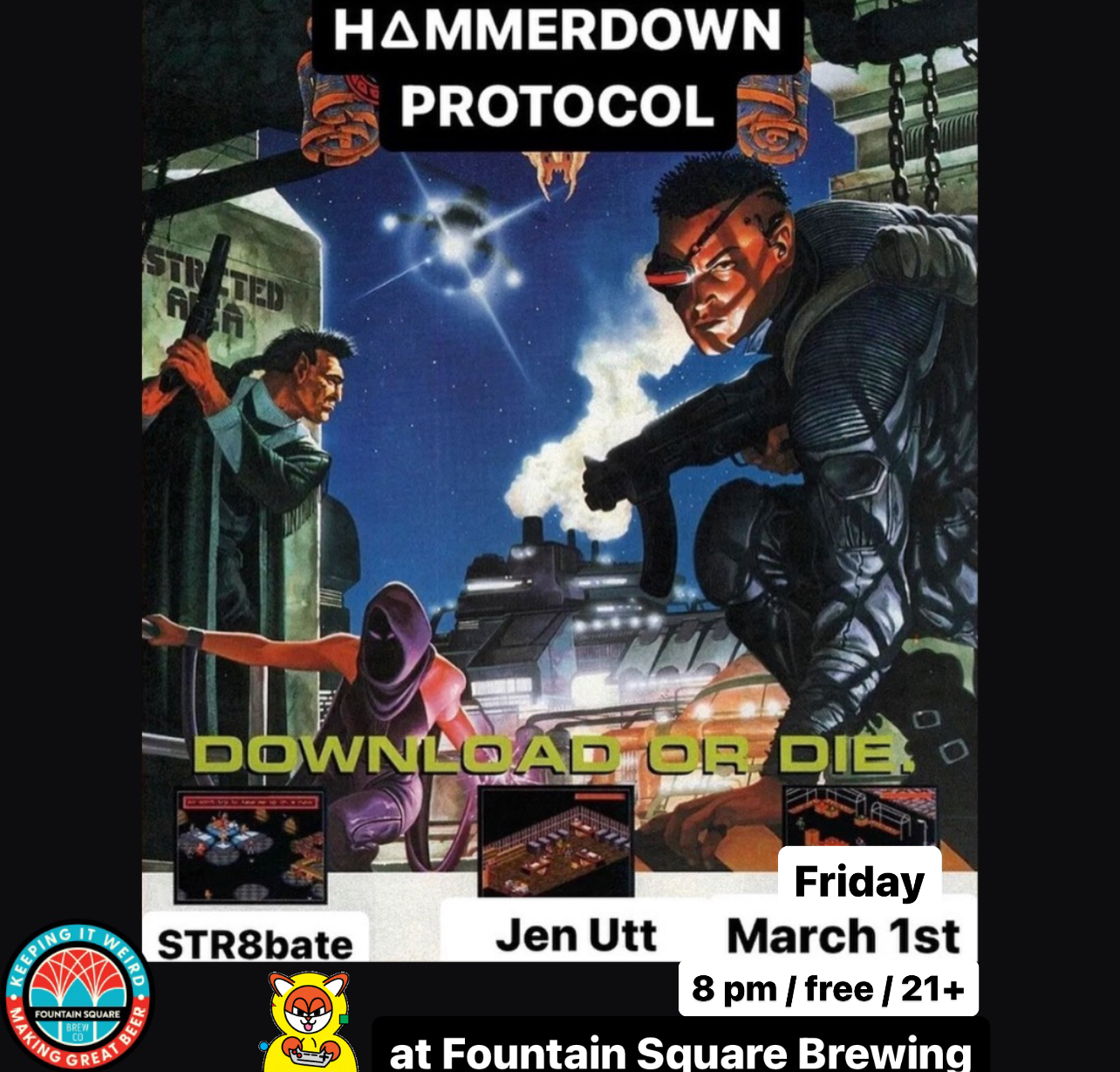 First Friday at Fountain Square Brewing has new art and free performances from Hammerdown Protocol, Jen Utt, and str8BATE. This free show is 21+ and starts at 8 pm
