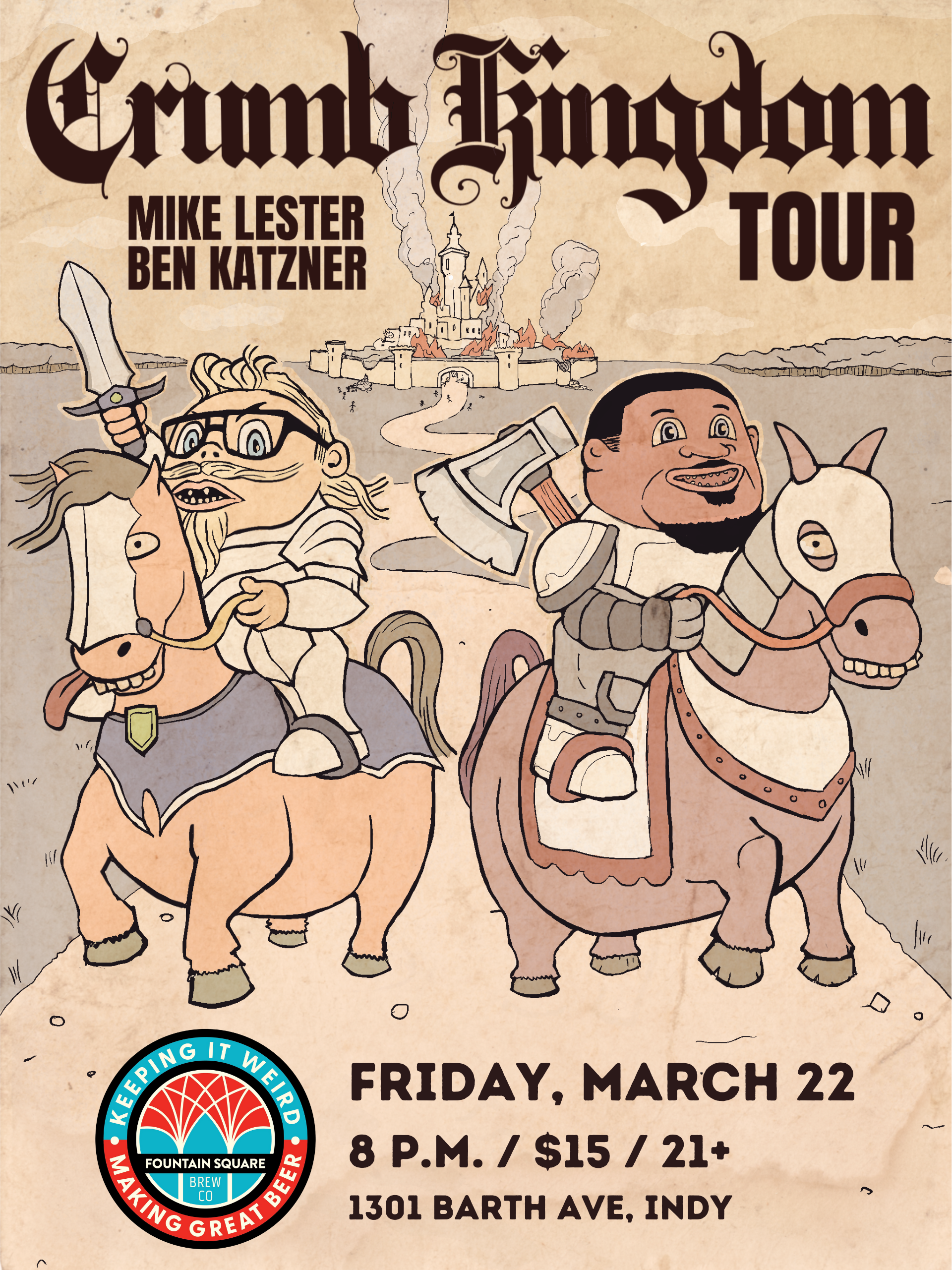 Lester and katzner perform comedy at fountain square brewing on friday, march 22 at 8 p.m. tickets are $15 and this is a 21+ show