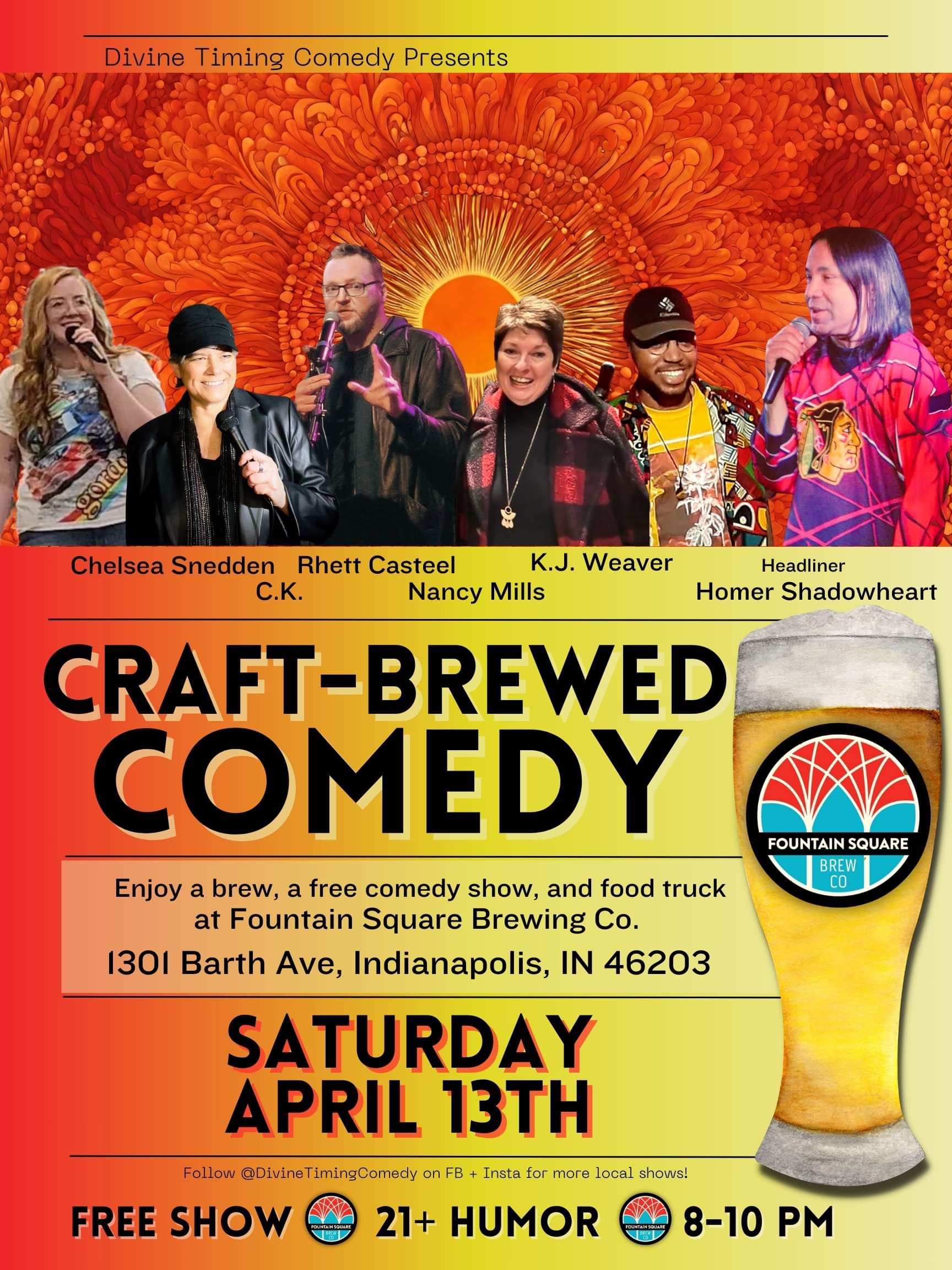 Divine Timing Comedy presents the craft brewed comedy showcase at Fountain Square Brewing on Saturday, April 13 at 8. This comedy show features six regional performers and is free to attend.